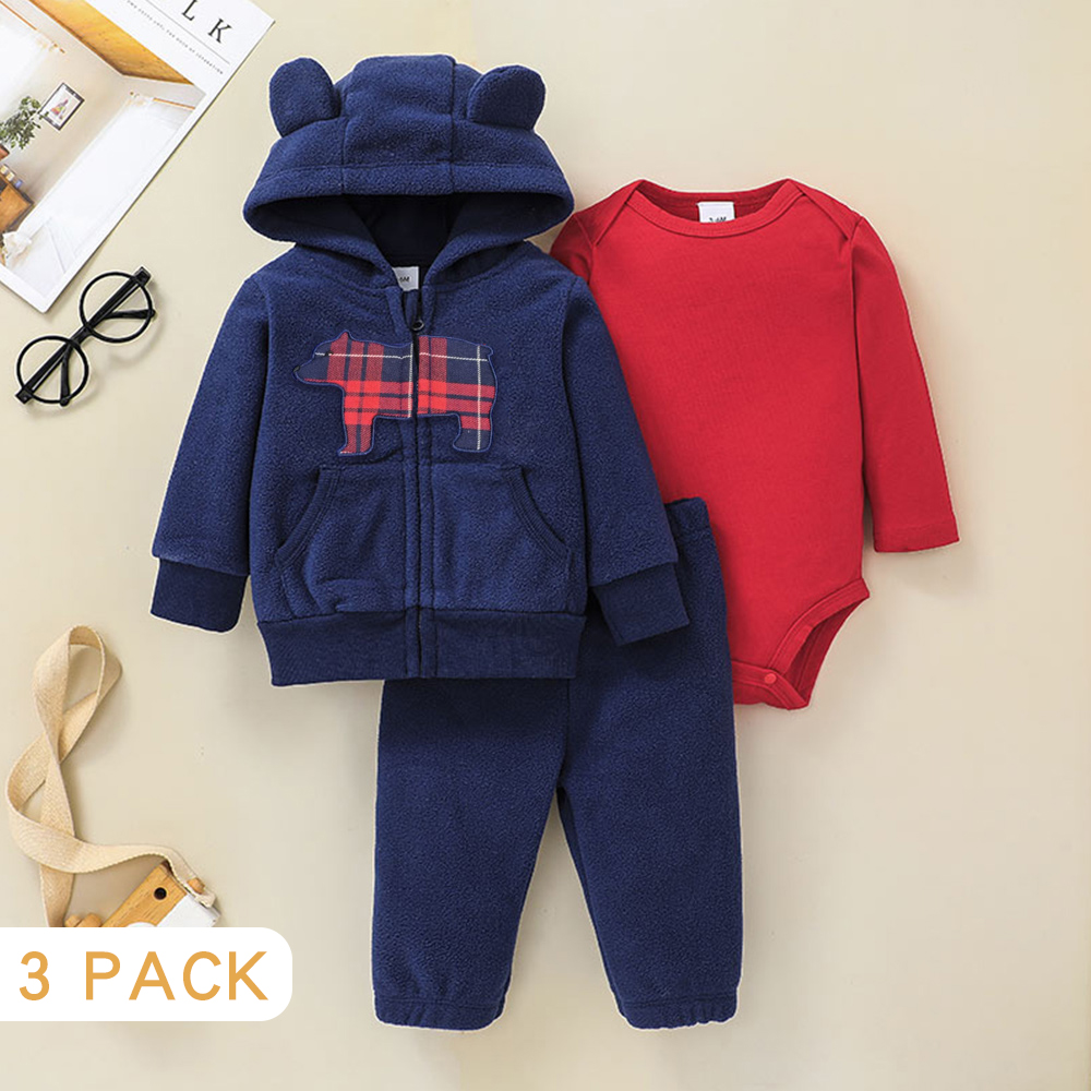 

3pcs Baby 3D Ears Long-sleeve Hooded Fleece Coat Jacket Set