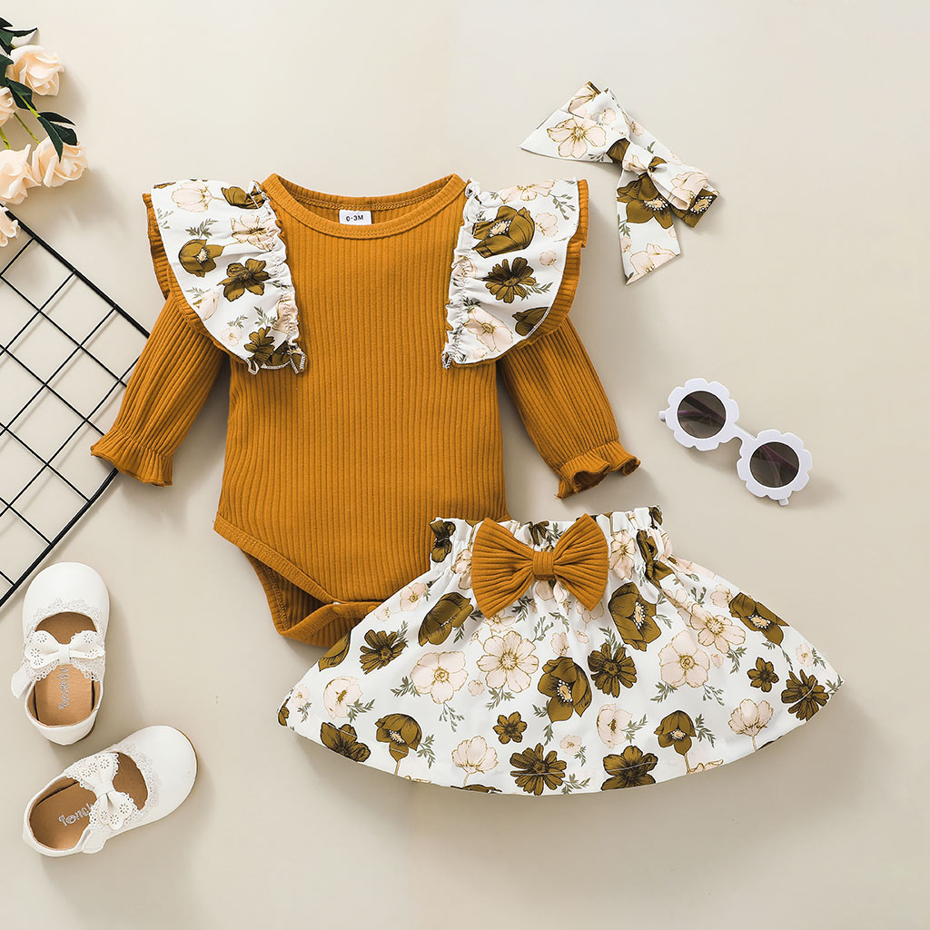 

3pcs Baby Long-sleeve Ruffle Ribbed Romper and Floral Print Mini Skirt Set