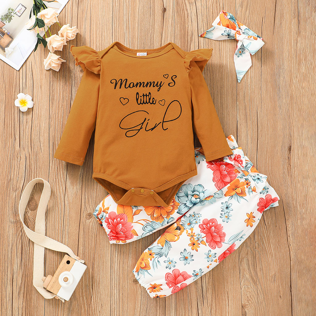 

3pcs Baby Girl Letter Print Ruffle Long-sleeve Romper and Floral Trousers Set
