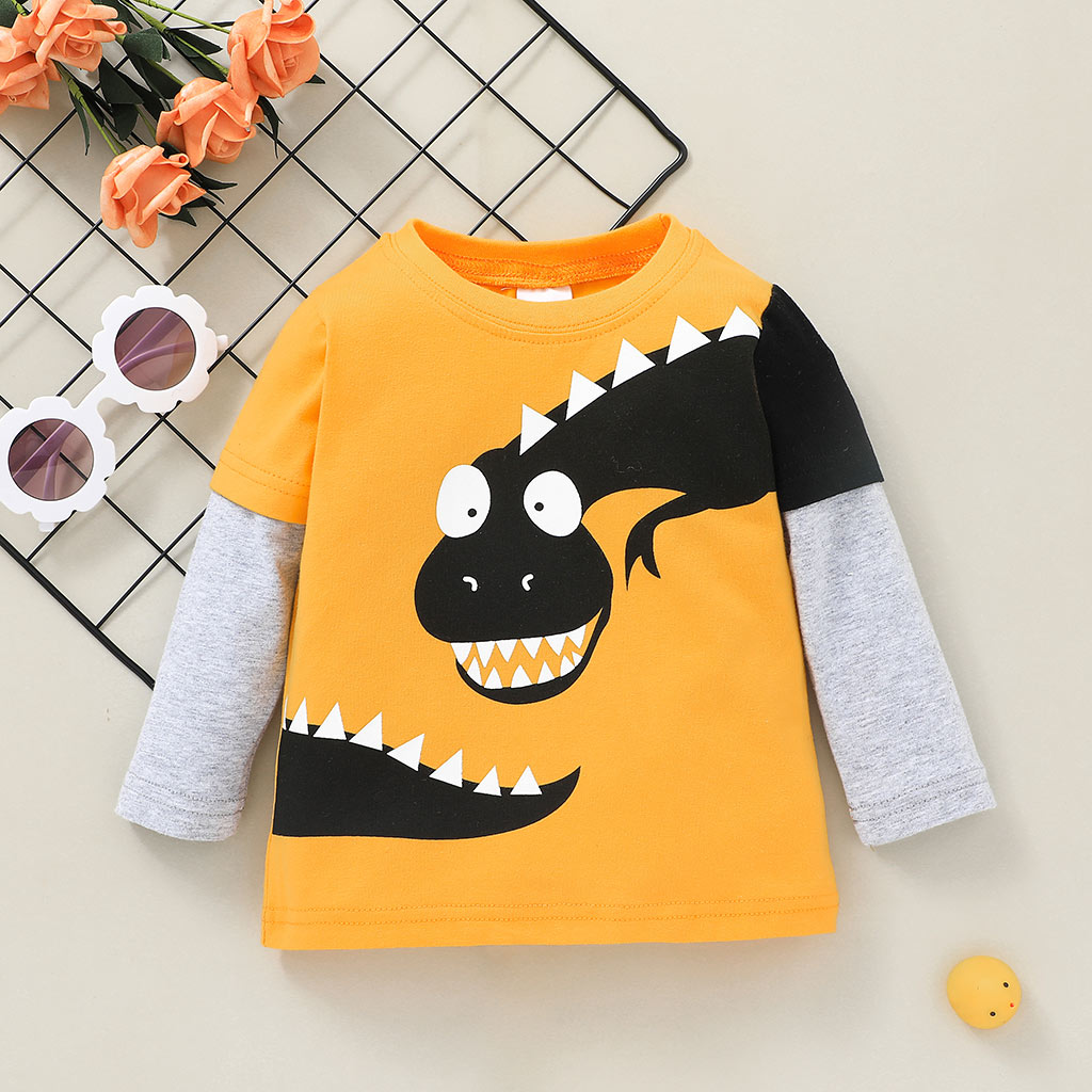 

Baby Cartoon Dinosaur Print Faux-two Long-sleeve Cotton T-shirt