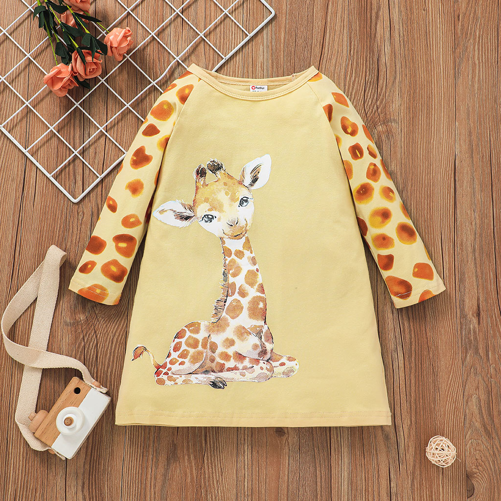 

Toddler Girl Animal Giraffe Print Long-sleeve Tee Dress