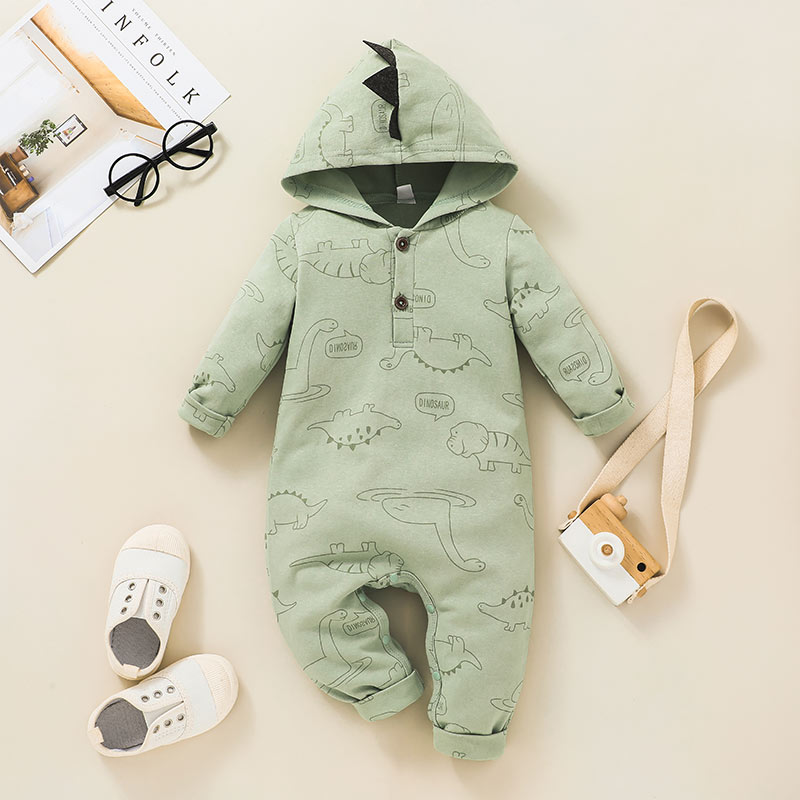 

Baby Boy All Over Dinosaur Print Long-sleeve Hooded Jumpsuit