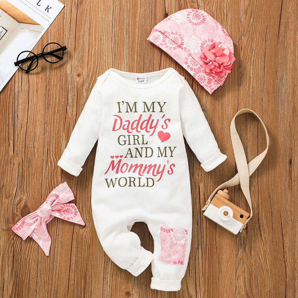 

3pcs Baby Girl Letter Print White Long-sleeve Cotton Jumpsuit Set