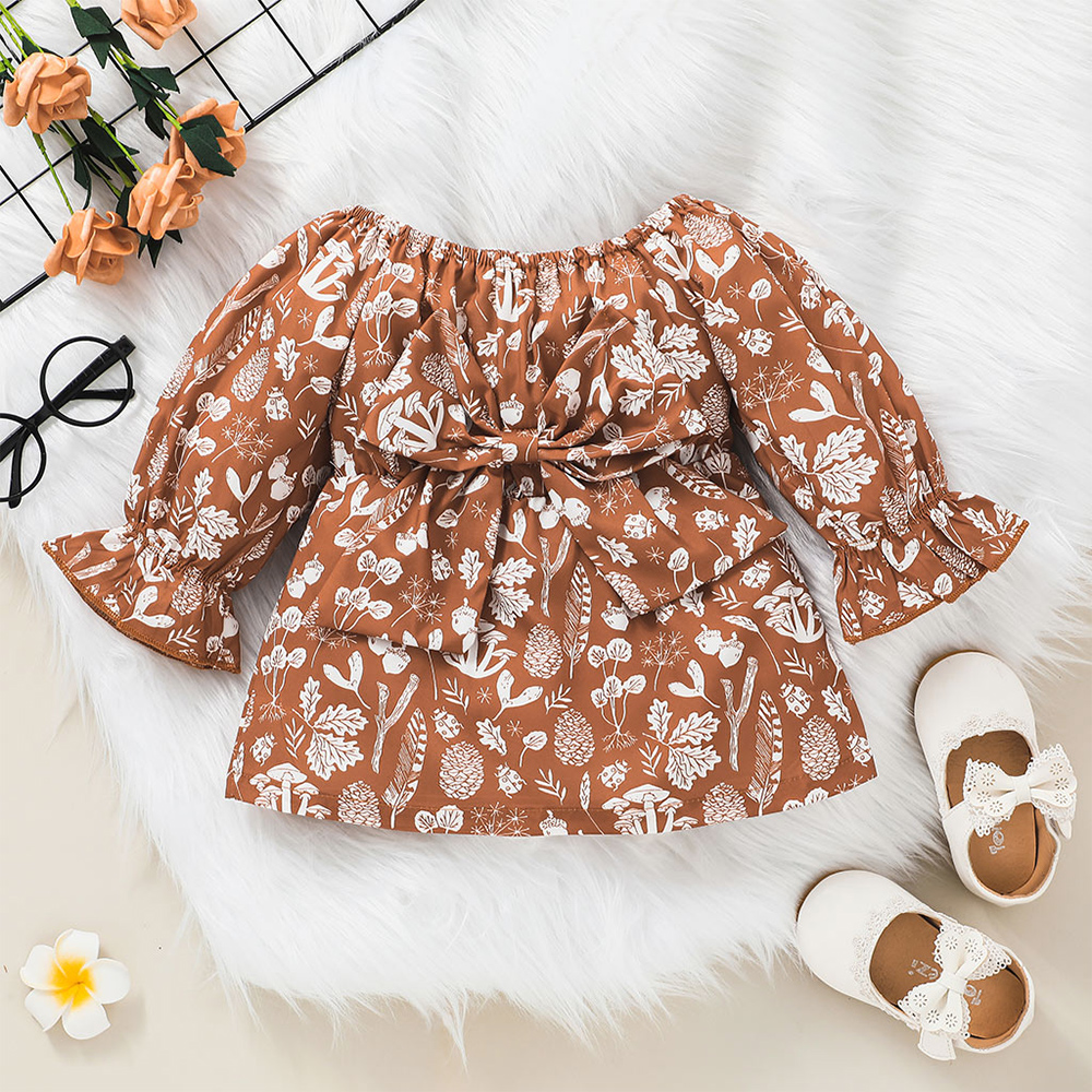 

Baby Girl All Over Plant Print Off Shoulder Long-sleeve Dress