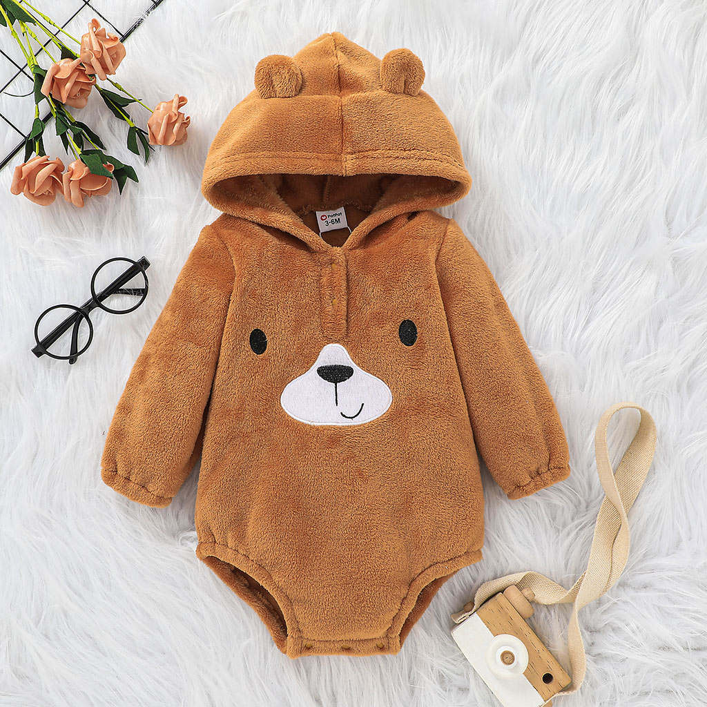 

Baby Boy/Girl Cartoon Bear 3D Ears Hooded Long-sleeve Brown Thickened Fleece Romper