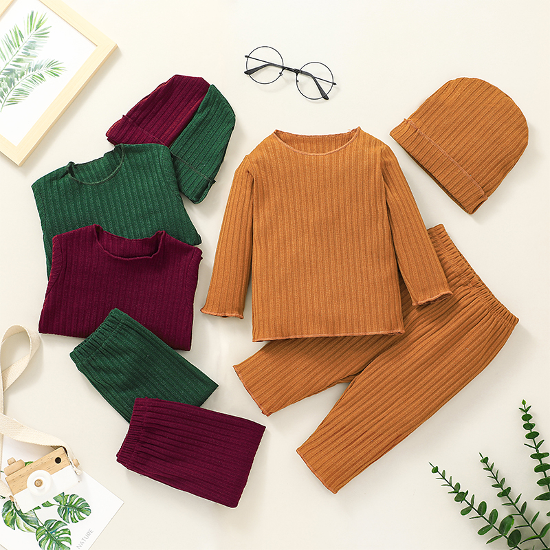 

3pcs Baby Solid Ribbed Cotton Long-sleeve Pullover and Trousers Set