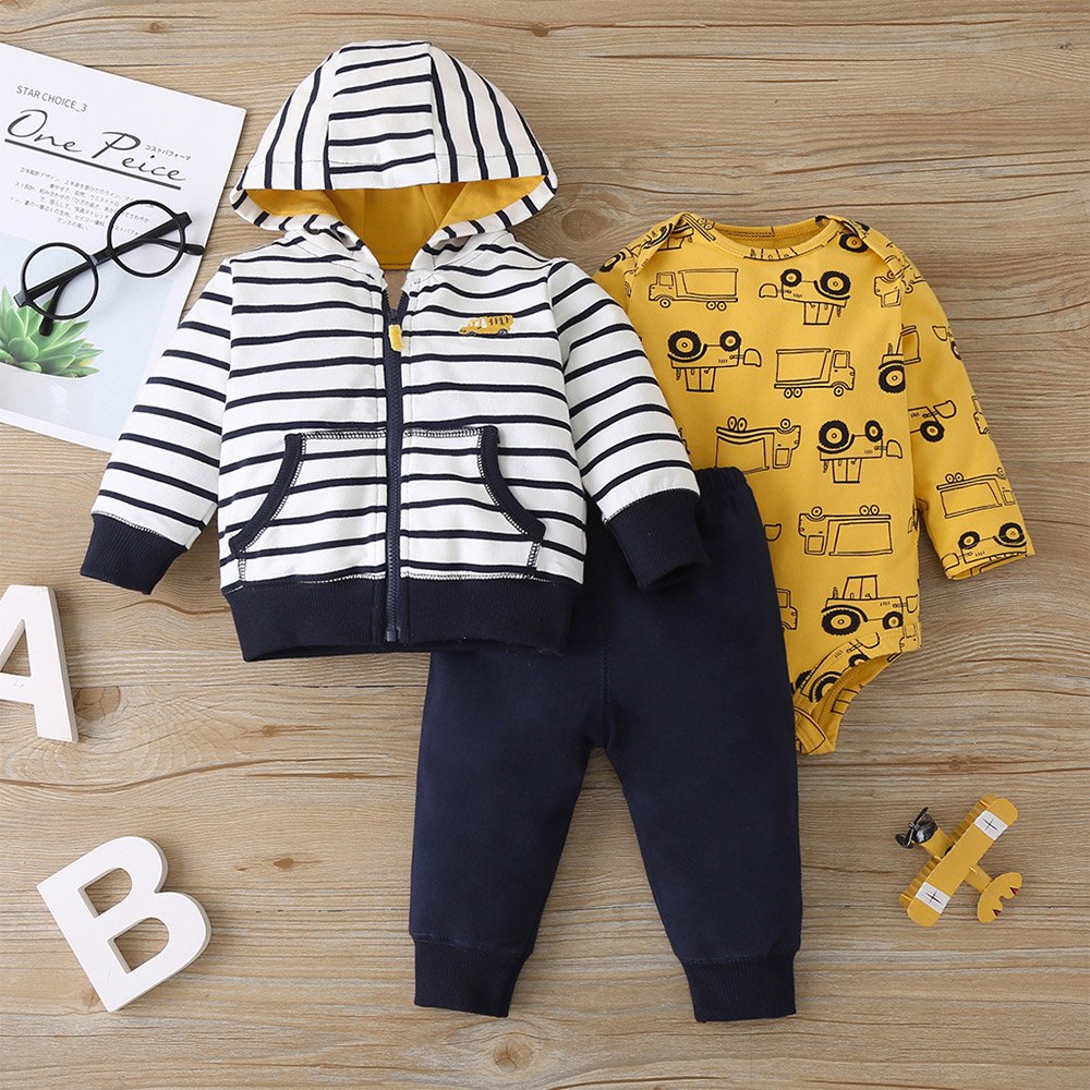 

3pcs Baby Cartoon Truck Print Long-sleeve Romper with Joggers and Striped Hoodie Set
