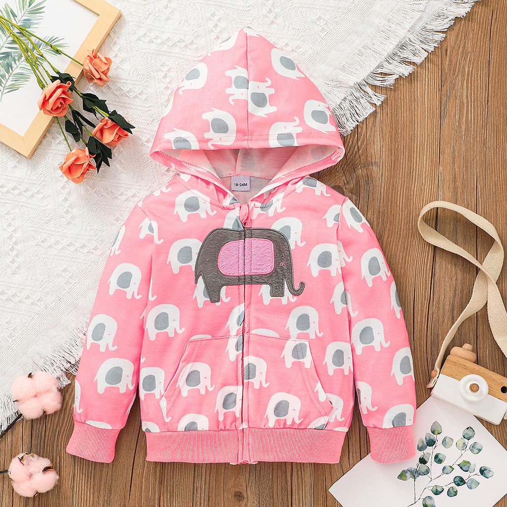 

Toddler Girl Elephant Print Zipper Hooded Jacket Coat