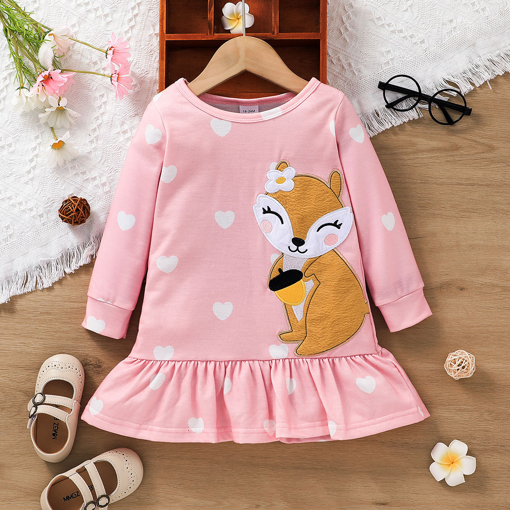 

Toddler Girl Fox Embroidered Heart Print Ruffle Hem Long-sleeve Pink Dress
