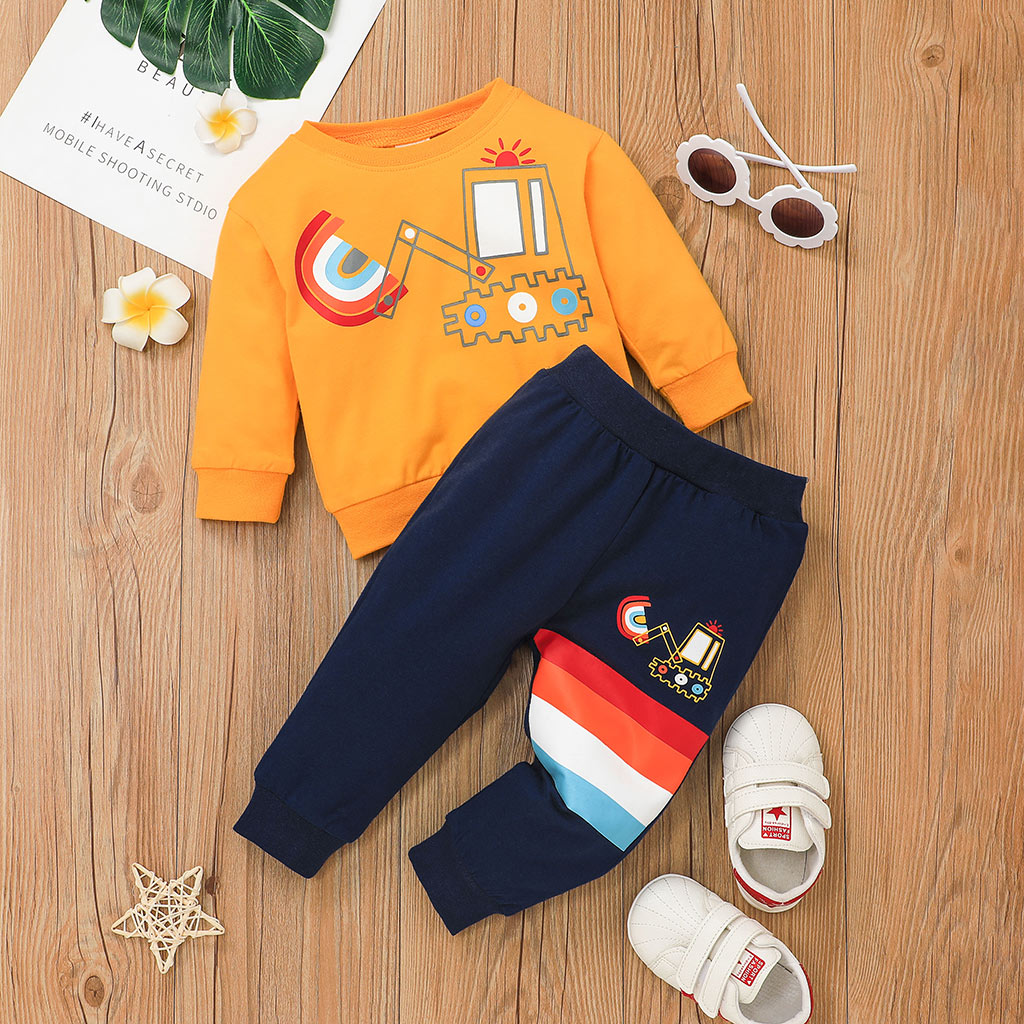

2pcs Baby Boy Excavator Print Long-sleeve Pullover Sweatshirt and Trousers Set