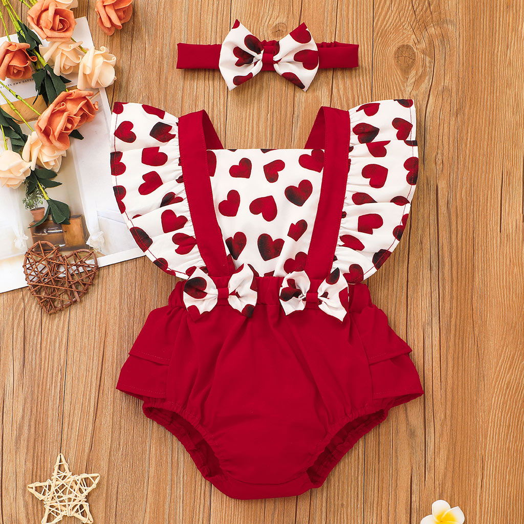 

Valentine's Day 2pcs Baby Girl Red Love Heart Print Sleeveless Ruffle Bowknot Romper with Headband Set