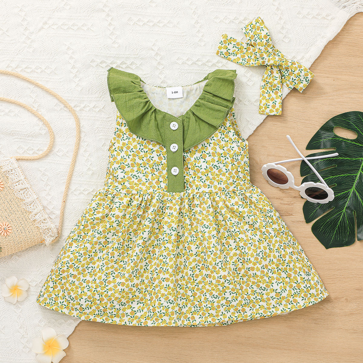 

2pcs Baby Girl Ruffle Collar Floral Print Sleeveless Dress with Headband Set