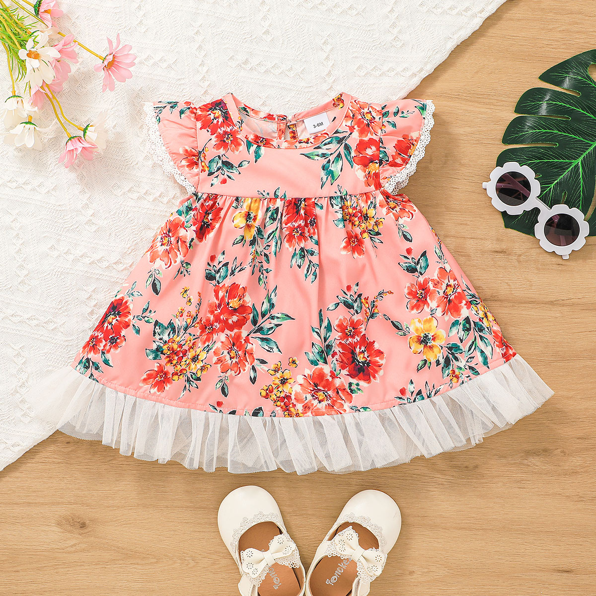

Baby Girl Allover Floral Print Flutter-sleeve Mesh Hem Dress