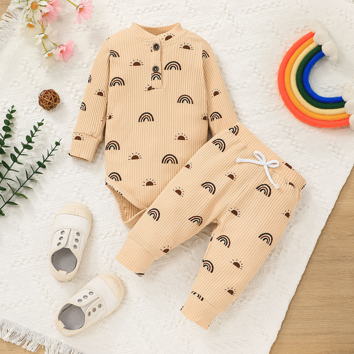 

2pcs Baby Boy/Girl All Over Rainbow Print Ribbed Long-sleeve Romper and Trousers Set