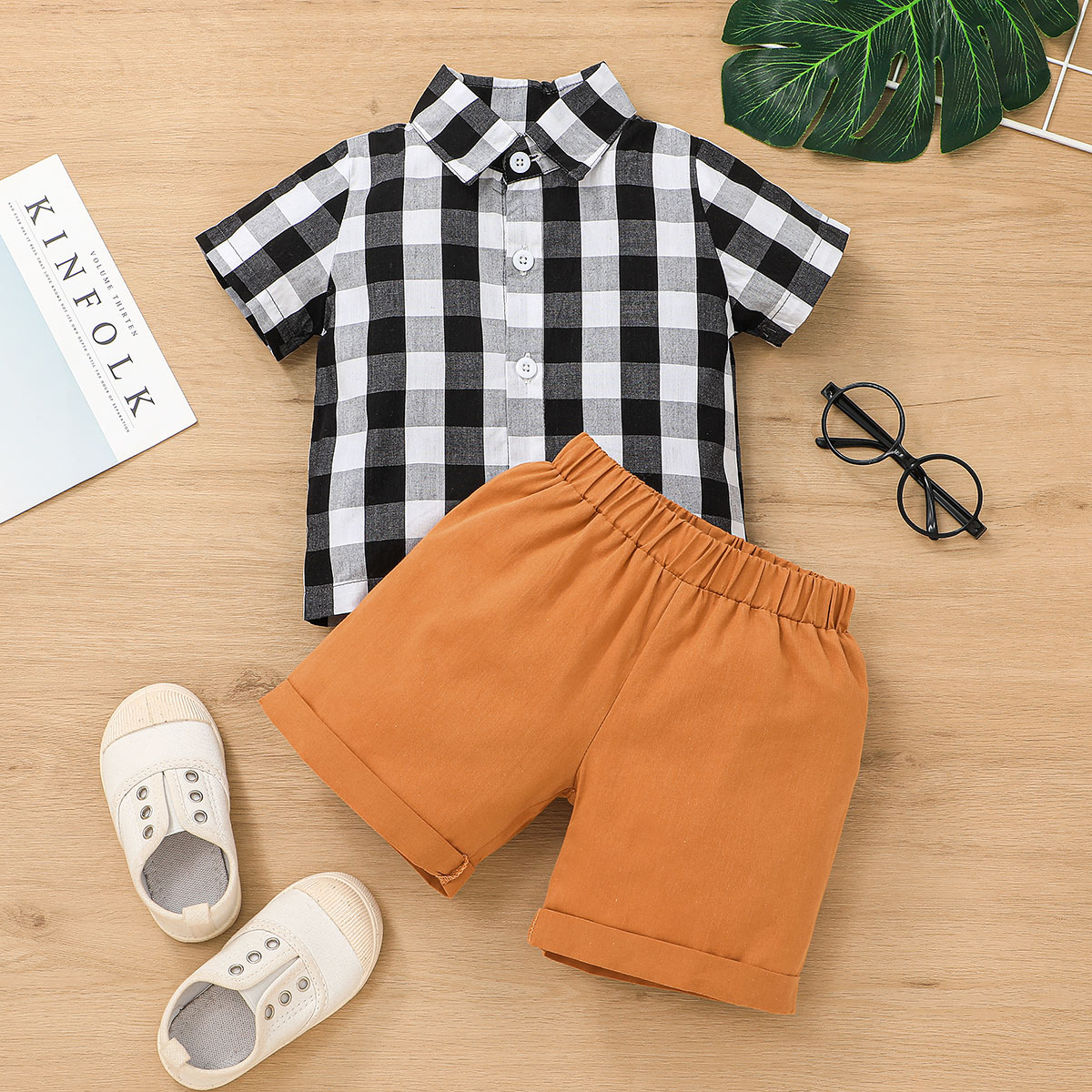 

100% Cotton 2pcs Baby Boy Plaid Short-sleeve Shirt and Solid Shorts Set
