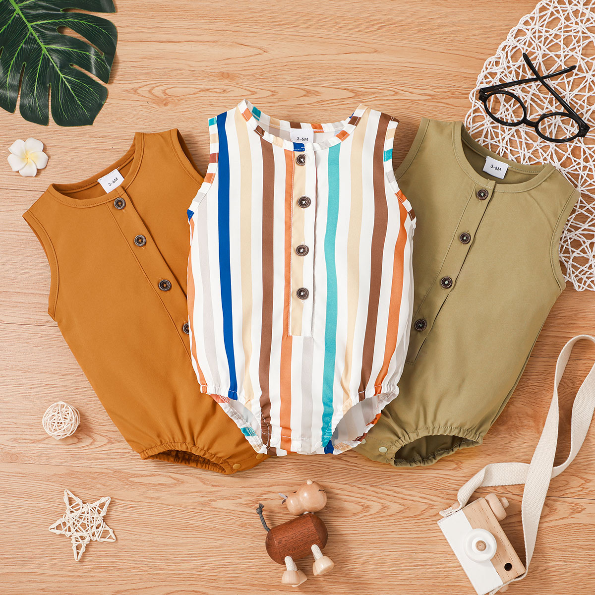 

100% Cotton Baby Boy Solid Striped Button Up Sleeveless Romper