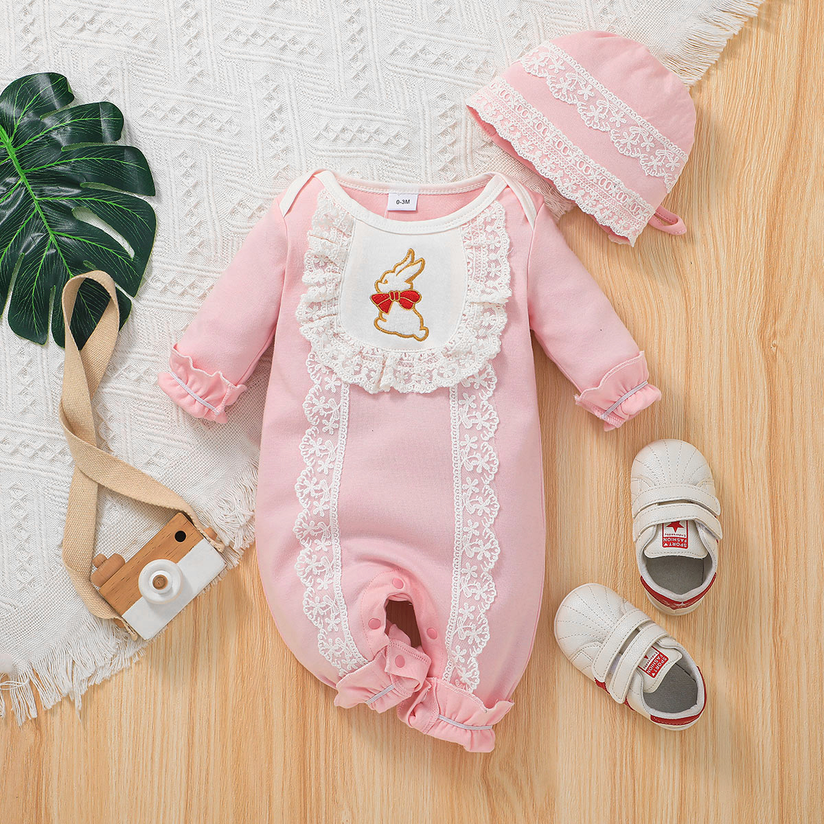 

Easter 2pcs Baby Girl Lace Decor Rabbit Print Pink Long-sleeve Jumpsuit with Hat Set