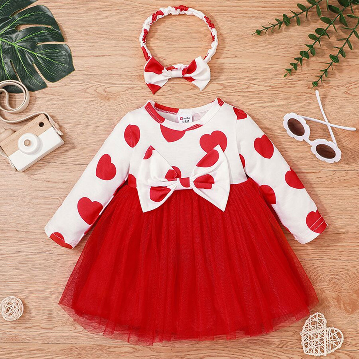 

Valentine's Day 2pcs Red Love Heart Print Long-sleeve Bowknot Mesh Dress with Headband Set