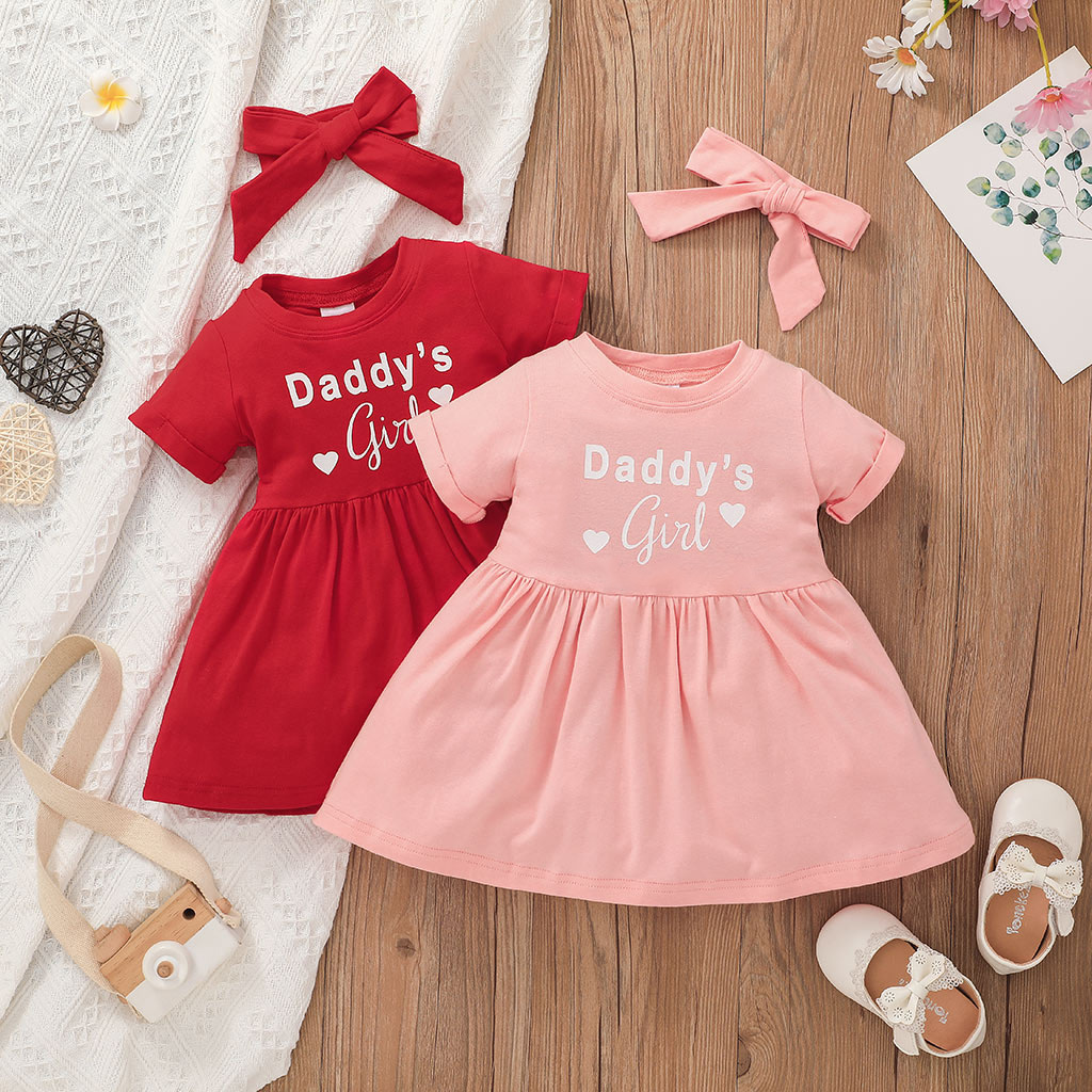 

2pcs Baby Girl Letter Print Solid Short-sleeve Dress Set