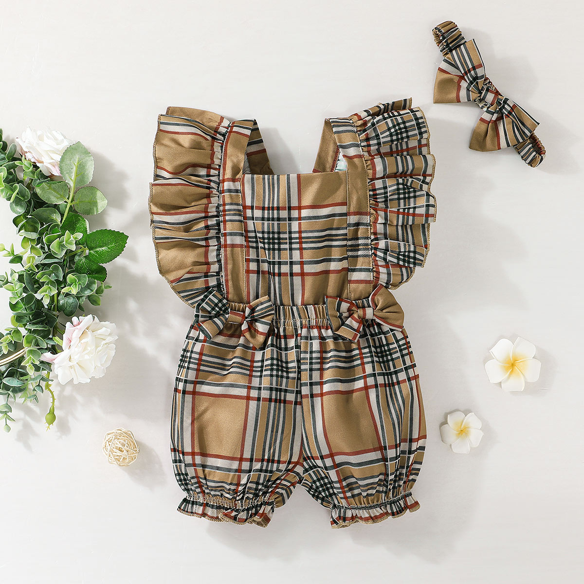 

2pcs Baby Girl Brown Plaid Sleeveless Ruffle Bowknot Romper with Headband Set