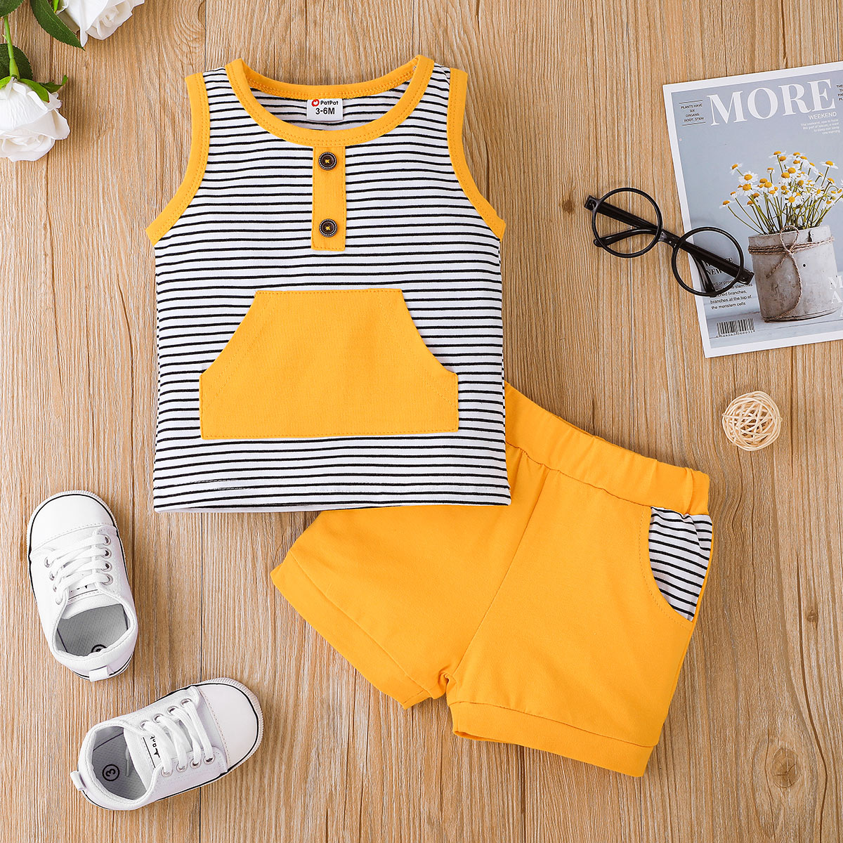 

2pcs Baby Boy Yellow Splicing Striped Sleeveless Tank Top and Shorts Set