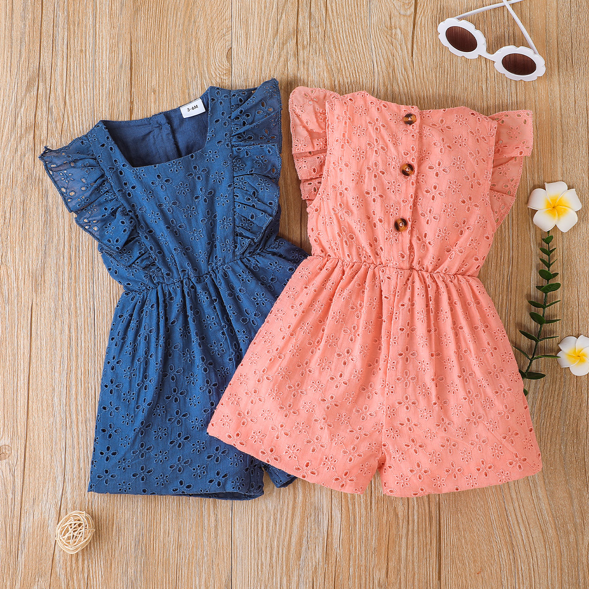 

Baby Girl Solid Hollow Out Embroidered Sleeveless Ruffle Romper