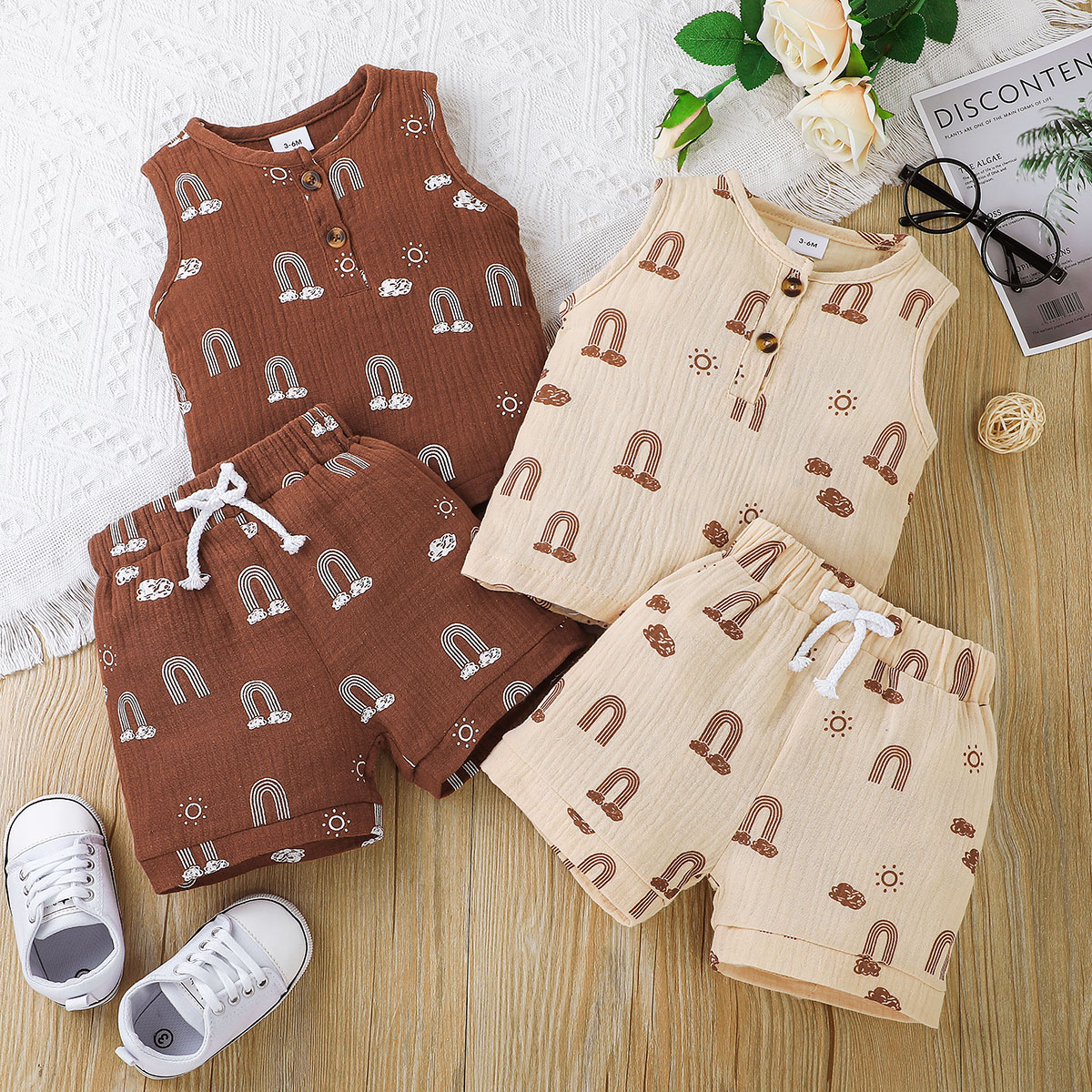 

100% Cotton Crepe 2pcs Baby Boy/Girl All Over Rainbow Print Sleeveless Tank Top and Shorts Set