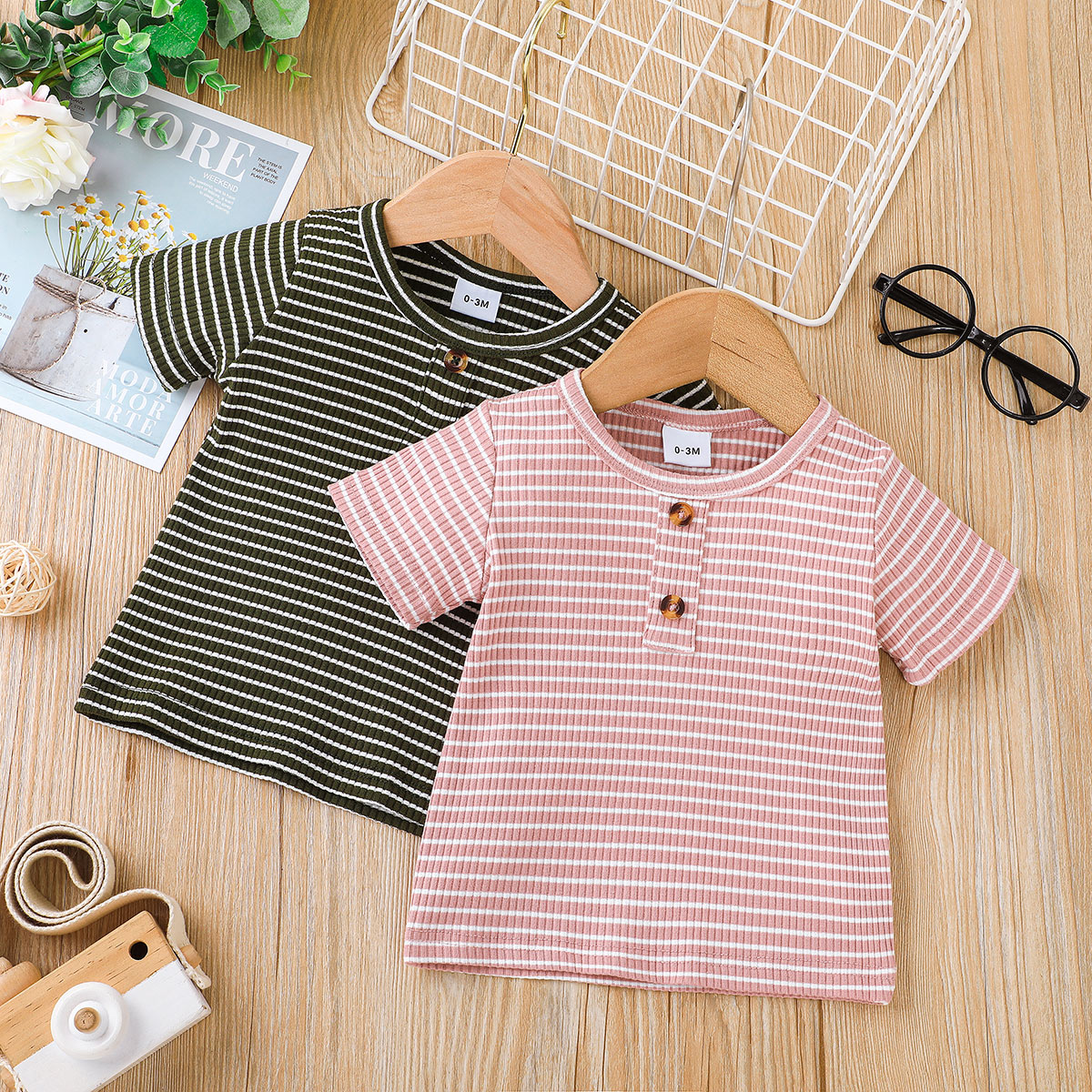 

Baby Boy/Girl Striped Ribbed Round Neck Short-sleeve T-shirt