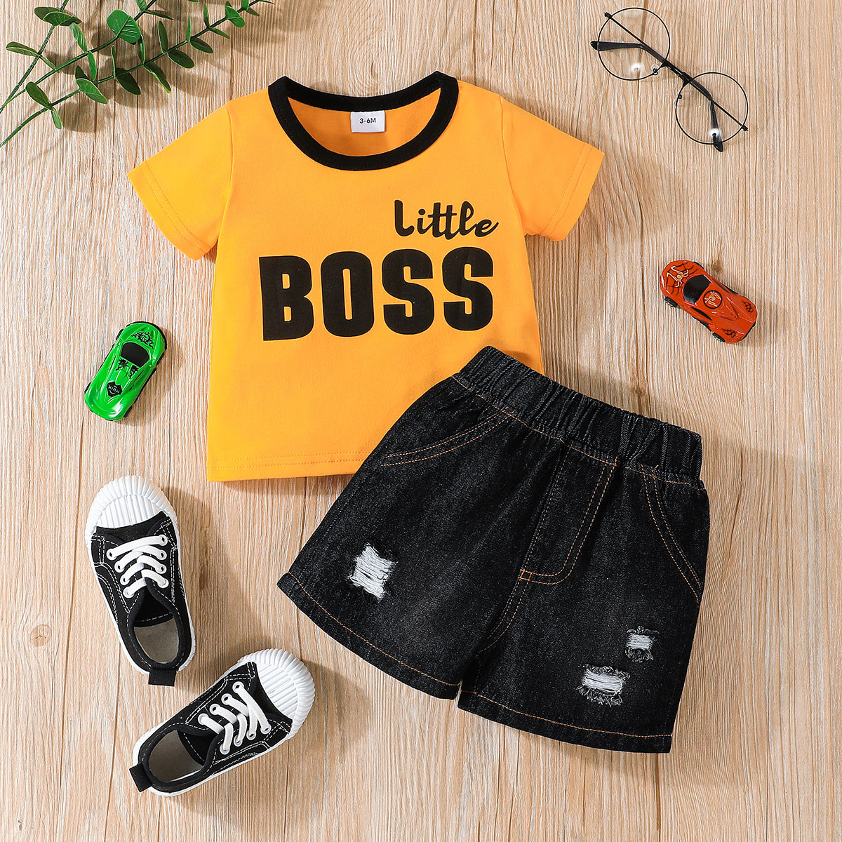 

2pcs Baby Boy Letter Print Short-sleeve Tee and Ripped Denim Shorts Set