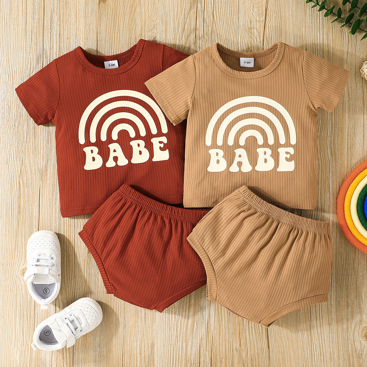 

2pcs Baby Boy/Girl 95% Cotton Ribbed Short-sleeve Rainbow and Letter Print Tee and Shorts Set