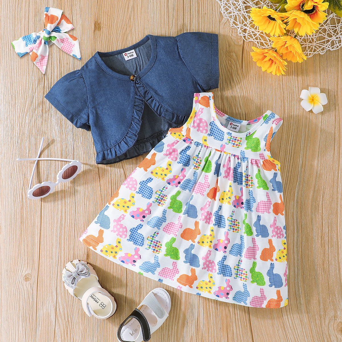 

2pcs Baby Girl Imitation Denim Short-sleeve Cardigan and All Over Rabbit Print Tank Dress Set