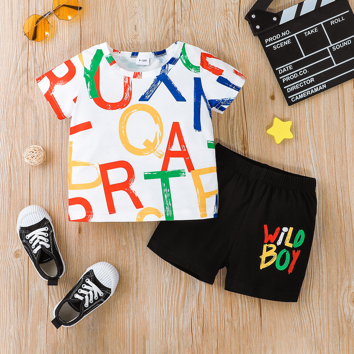 

2pcs Baby Boy 95% Cotton Short-sleeve Allover Colorful Letter Print T-shirt and Shorts Set