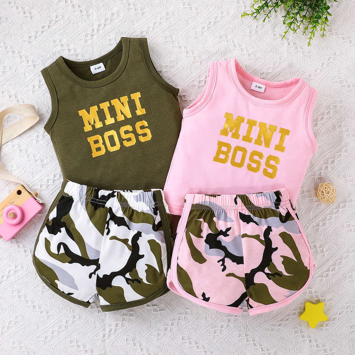 

2pcs Baby Boy/Girl Letter Print Sleeveless Tank Top and Camouflage Shorts Set