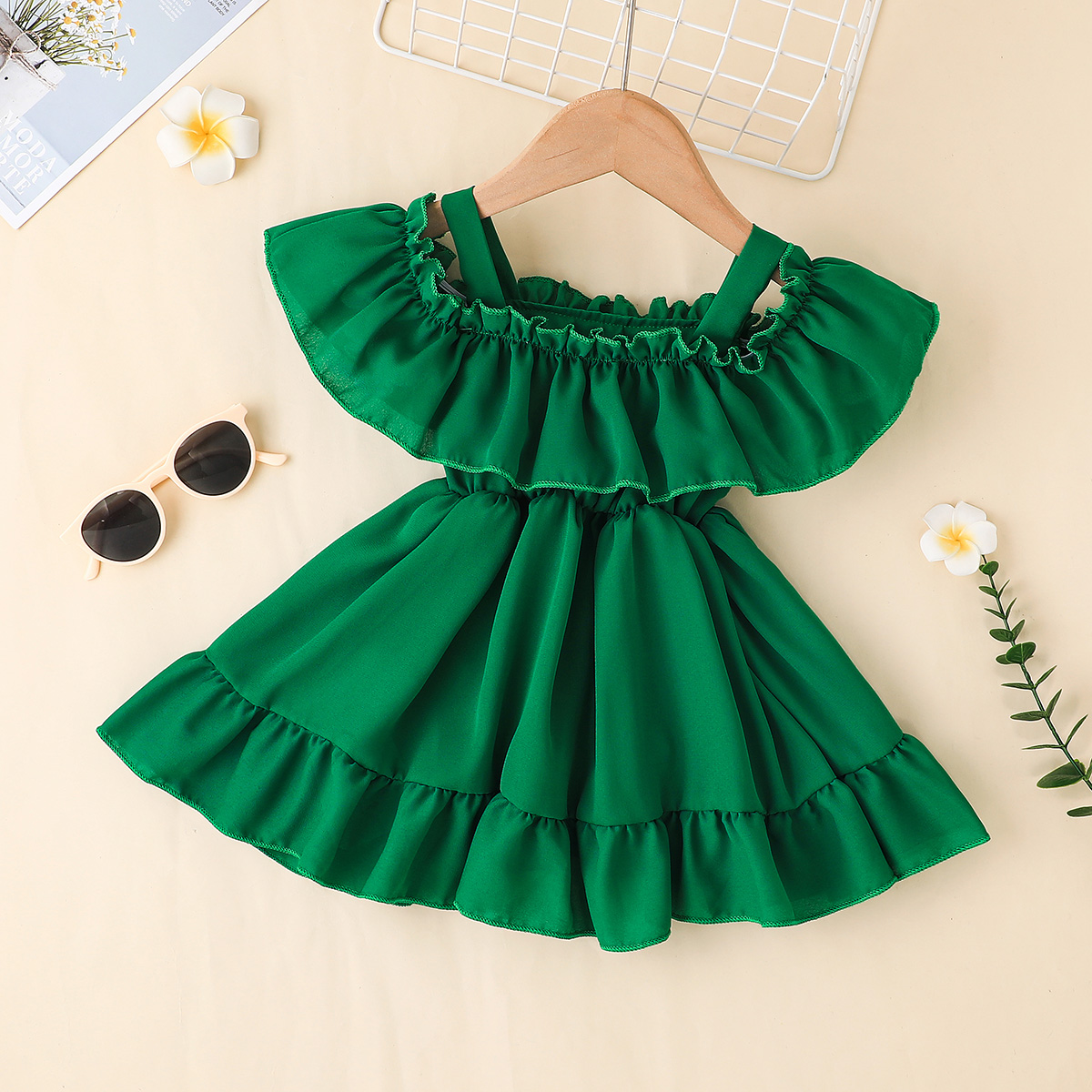

Baby Girl Dark Green Spaghetti Strap Ruffle Chiffon Dress