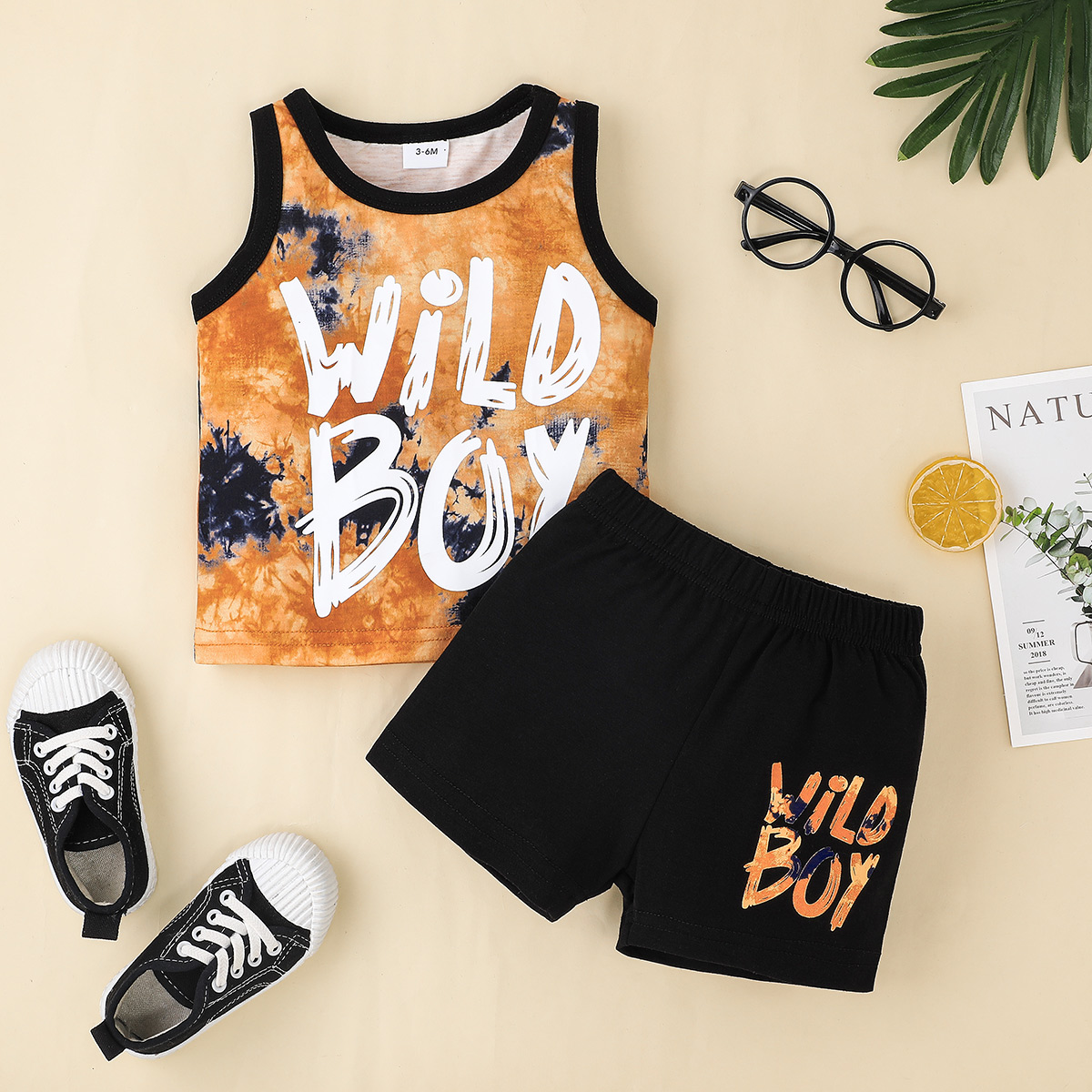 

2pcs Baby Boy Tie-Dye Letter Print Sleeveless Tank Top and Shorts Set