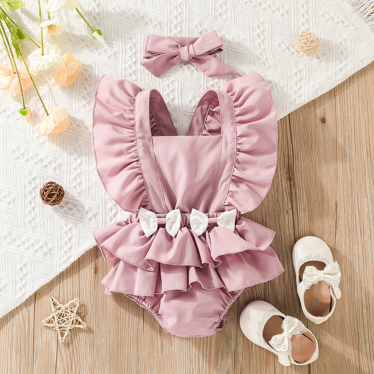 

2pcs Baby Girl Pink Sleeveless Layered Ruffle Bowknot Romper with Headband Set