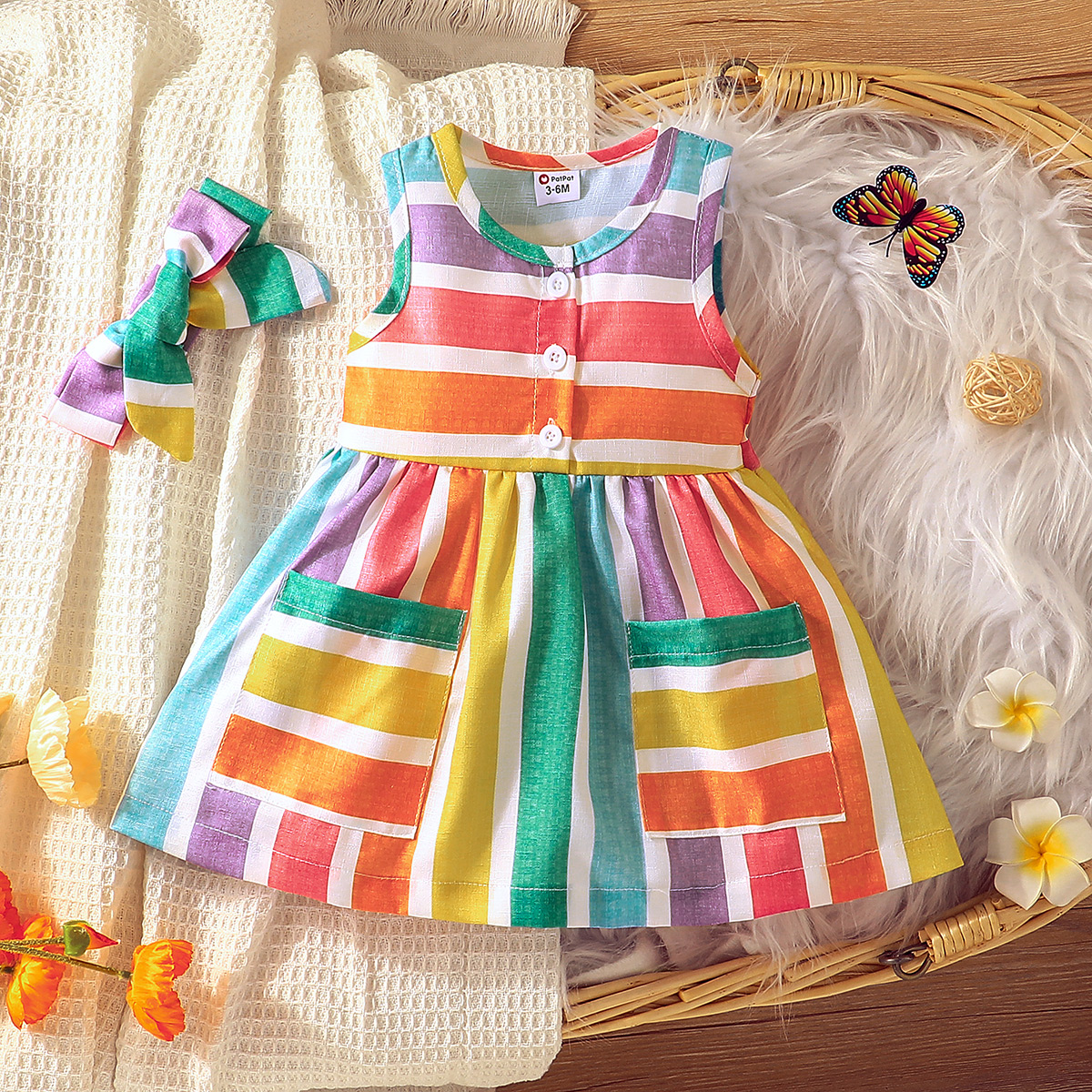 

2pcs Baby Girl Button Front Colorful Striped Tank Dress with Headband Set