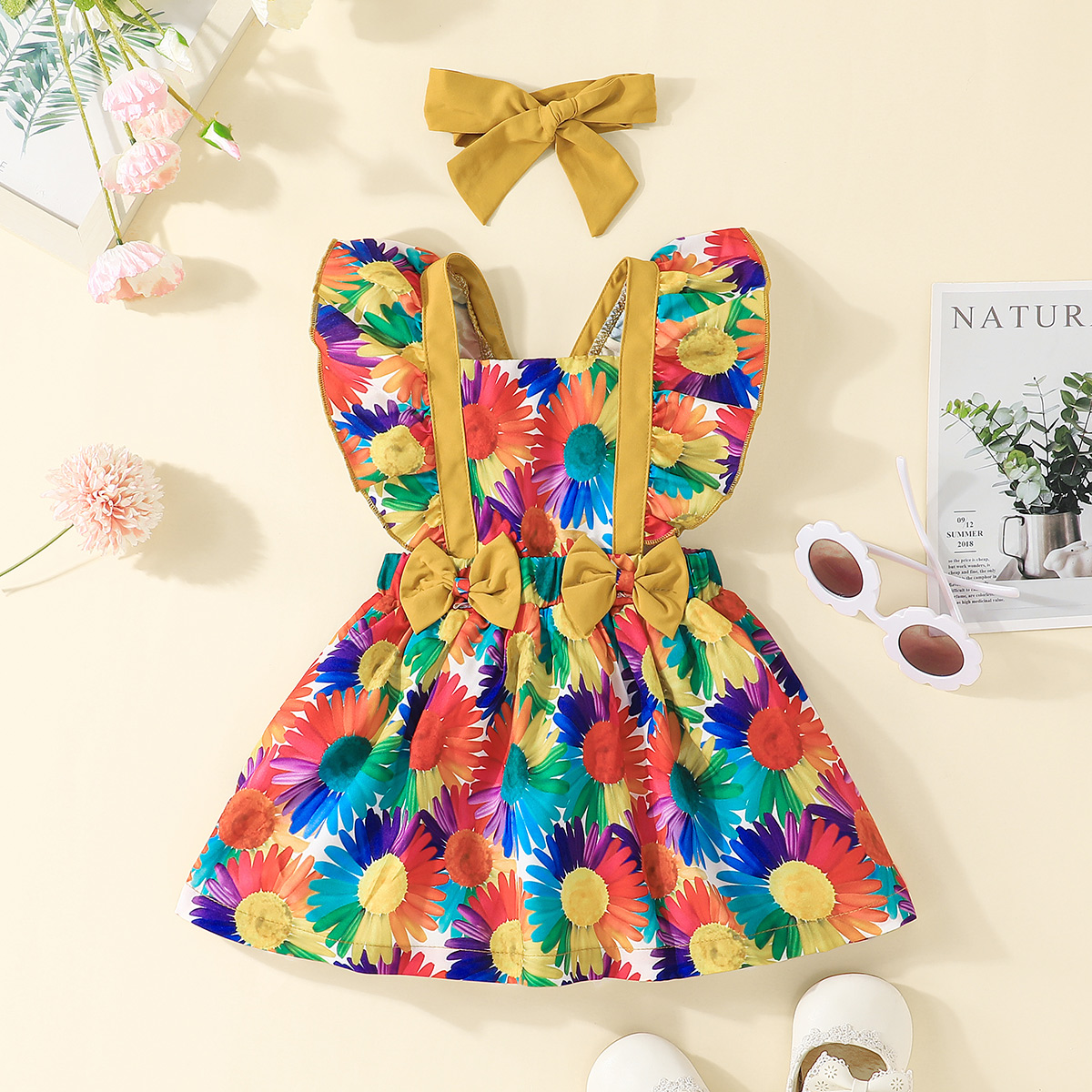 

2pcs Baby Girl All Over Colorful Floral Print Ruffle Trim Bowknot Sleeveless Dress with Headband Set