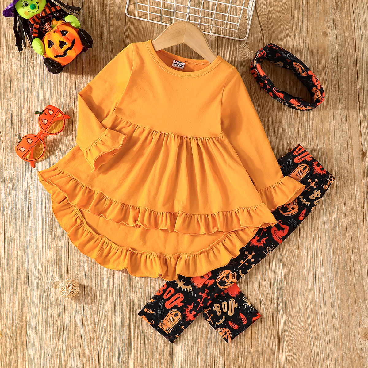 

3pcs Toddler Girl Halloween Ruffled High Low Long-sleeve Tee & Allover Print Leggings and Scarf Set