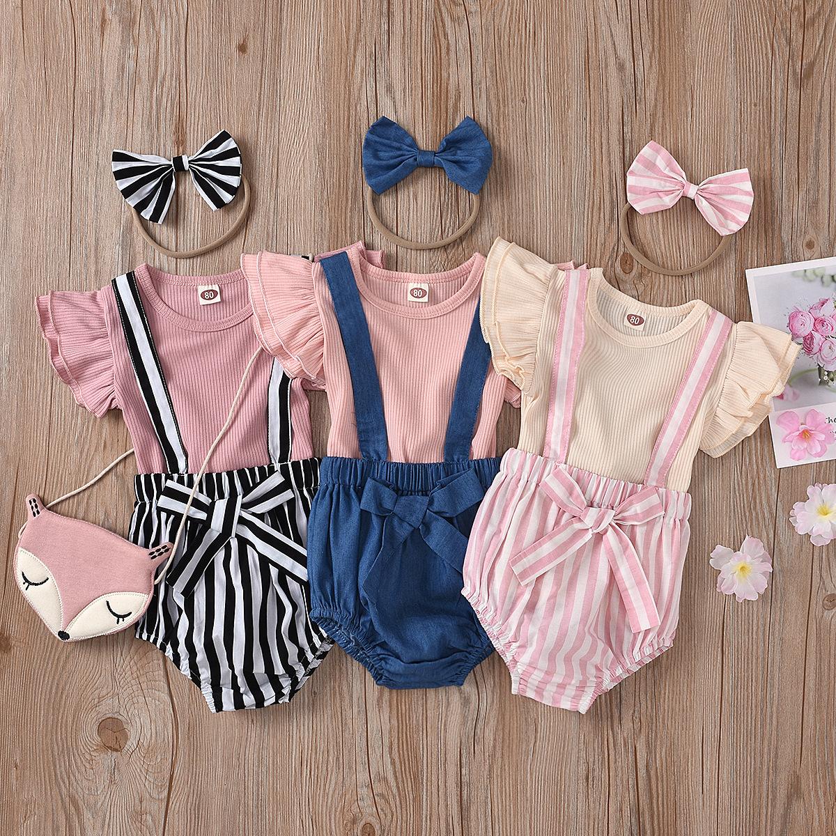 

Ribbed 3pcs Solid or Floral or Stripe Print Baby Set