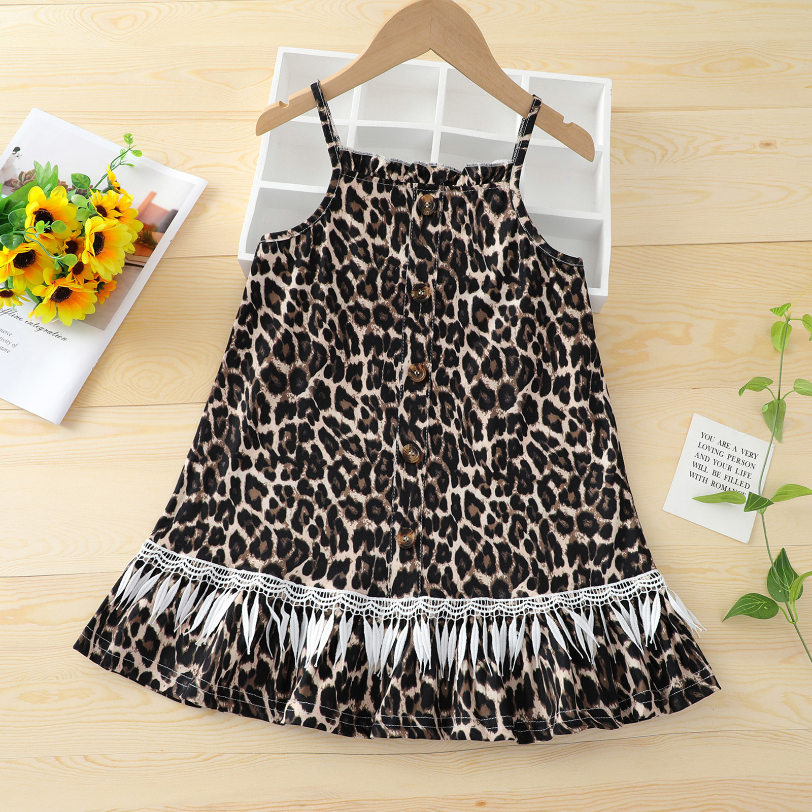 

Toddler Girl Leopard Print Ruffled Tassel Decor Tank Dress