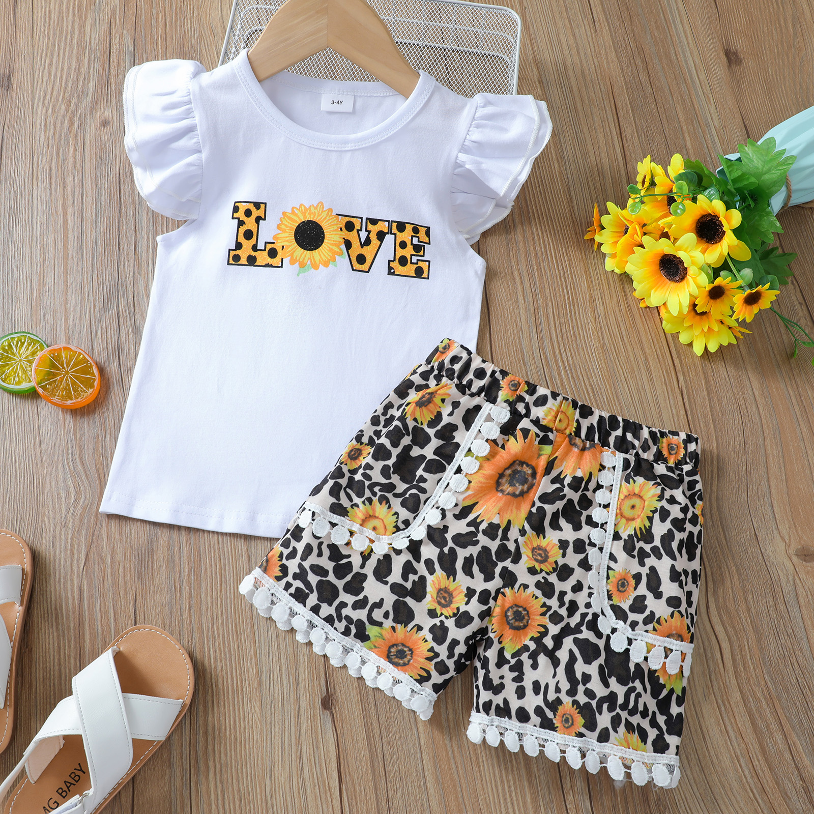 

2-piece Baby / Toddler Girl Letter Print Sunflower Tee and Shorts Set