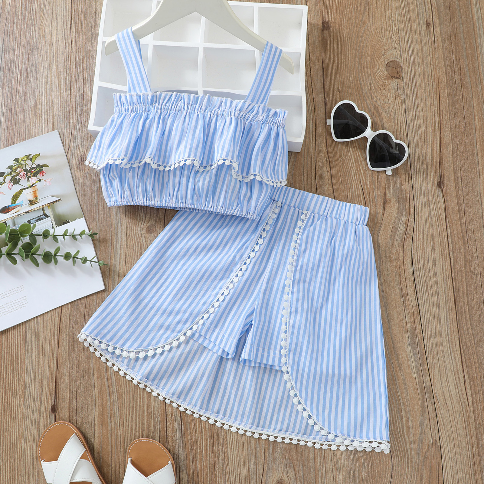 

2-piece Toddler Girl Flounce Tassel Striped Tank Top and Fake Two Piece Shorts Set