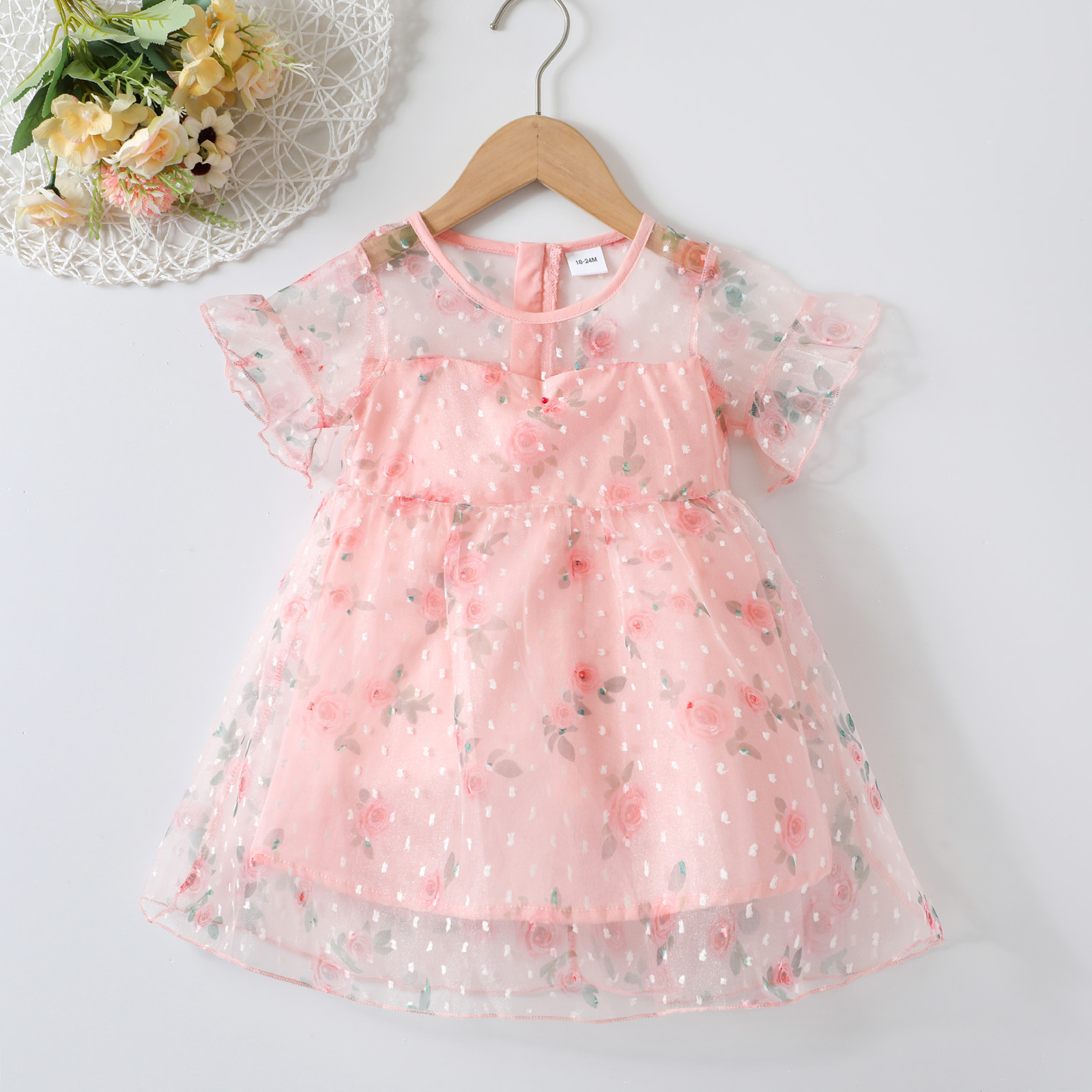 

Toddler Girl Floral Print Short Bell sleeves Zipper Mesh Costume Party Dress