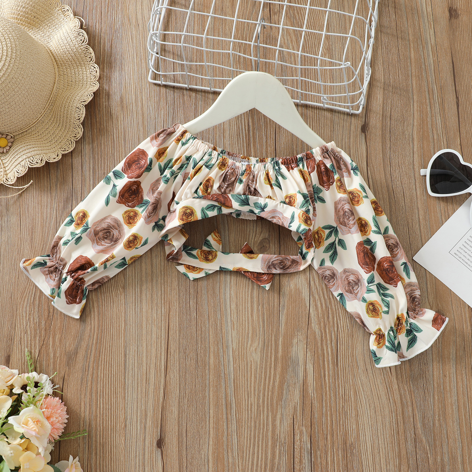 

Toddler Girl Floral Print Ruffled Bowknot Long-sleeve Crop Top