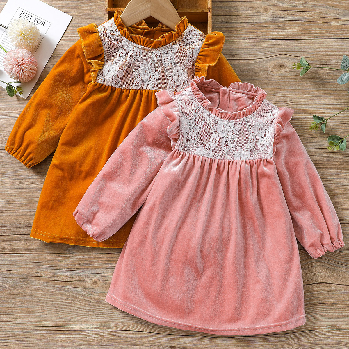 

Toddler Girl Ruffle Collar Lace Decor Long-sleeve Velvet Dress