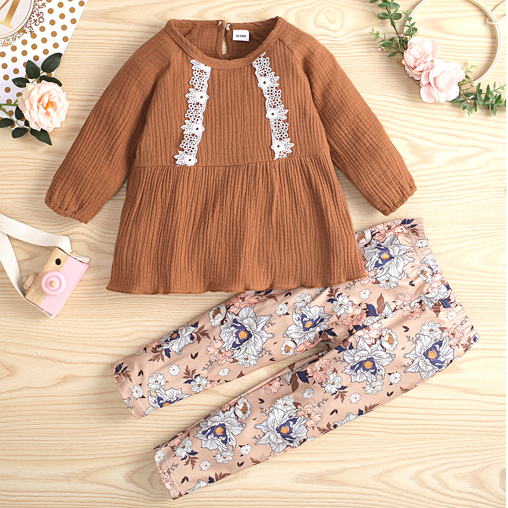 

2-piece Toddler Girl 100% Cotton Lace Design Long-sleeve Top and Floral Print Pants Set