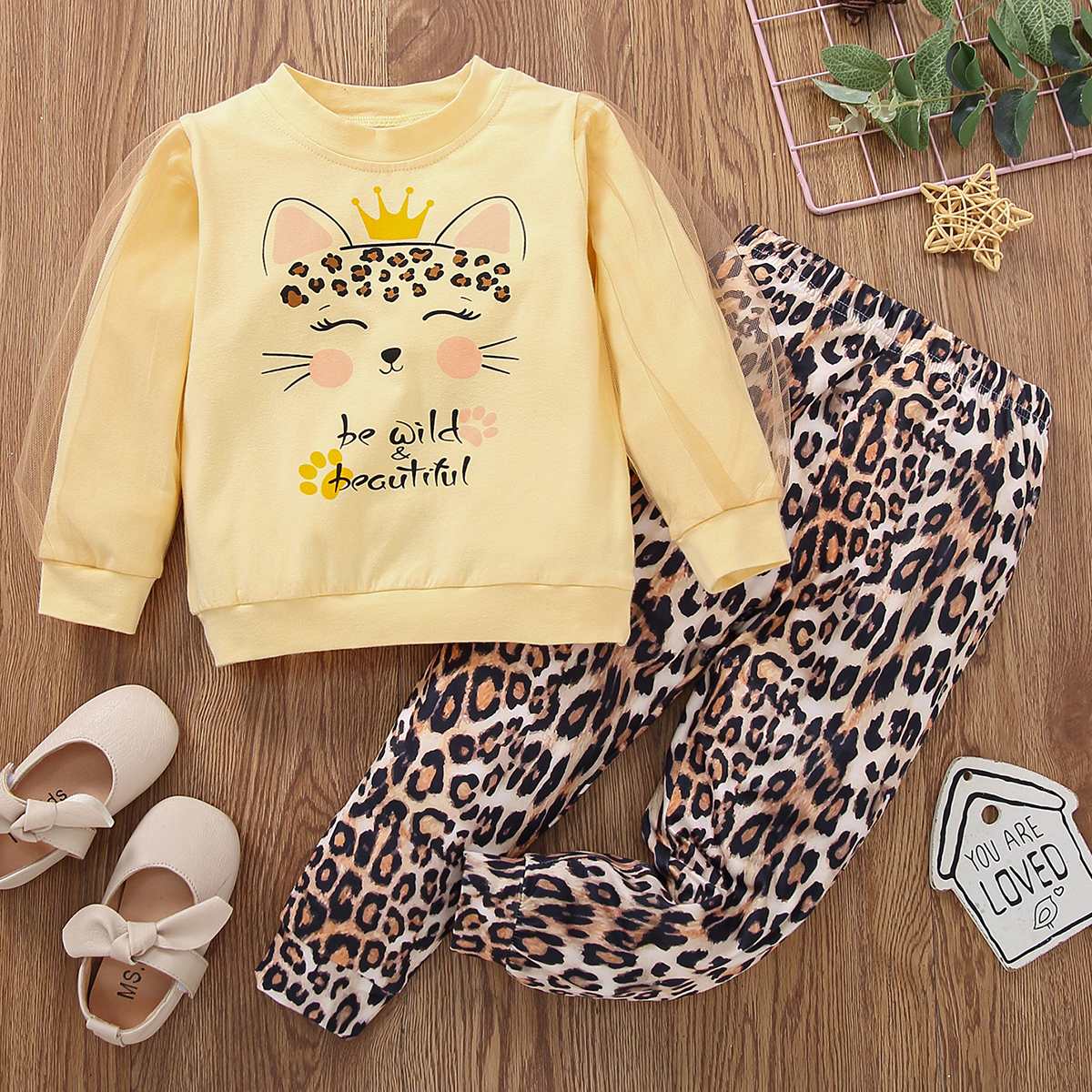 

2-piece Toddler Girl Letter Cat Print Pullover Sweatshirt and Leopard Print Pants Set