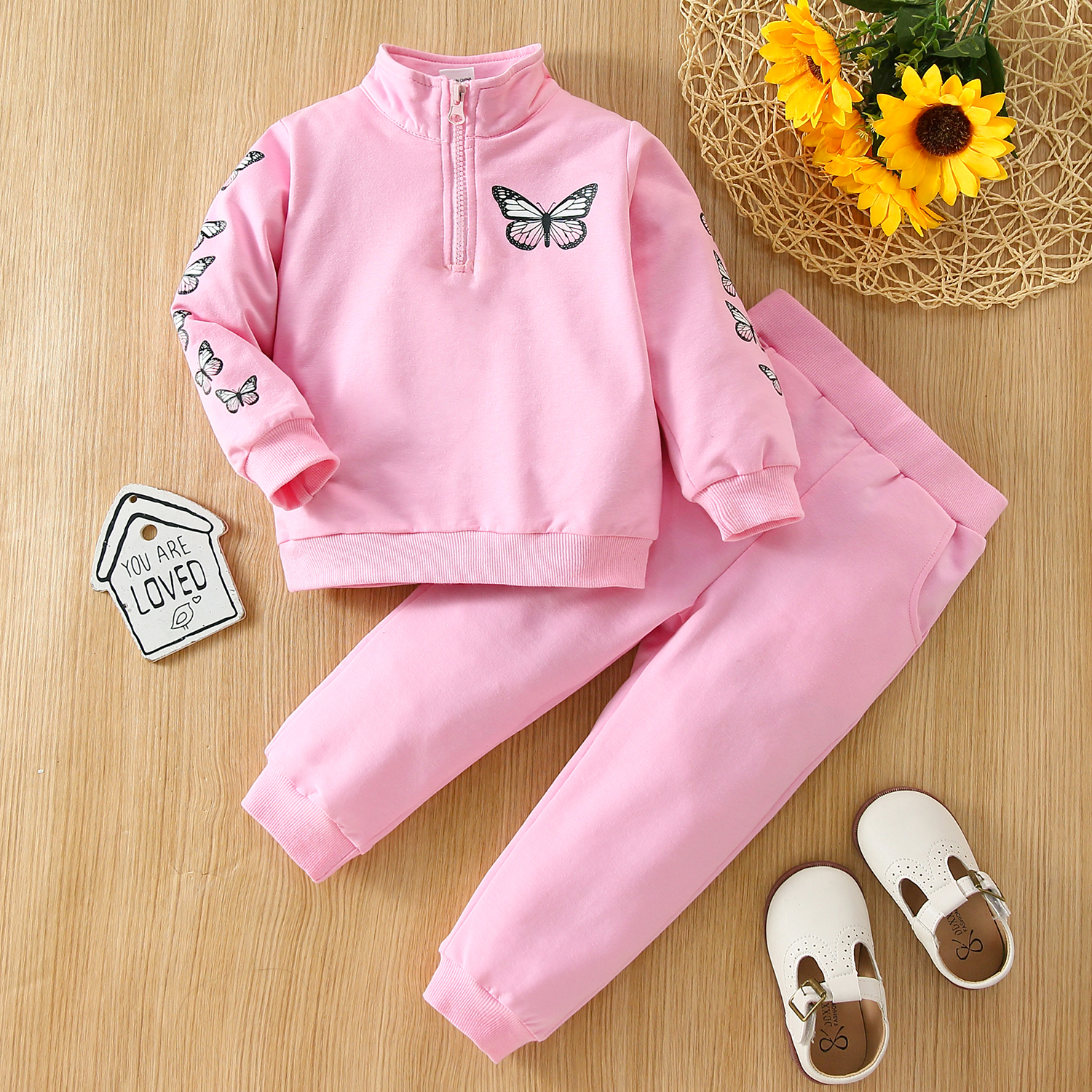 

2-piece Toddler Girl Butterfly Print Zipper Stand Collar Sweatshirt and Elasticized Pink Pants Set
