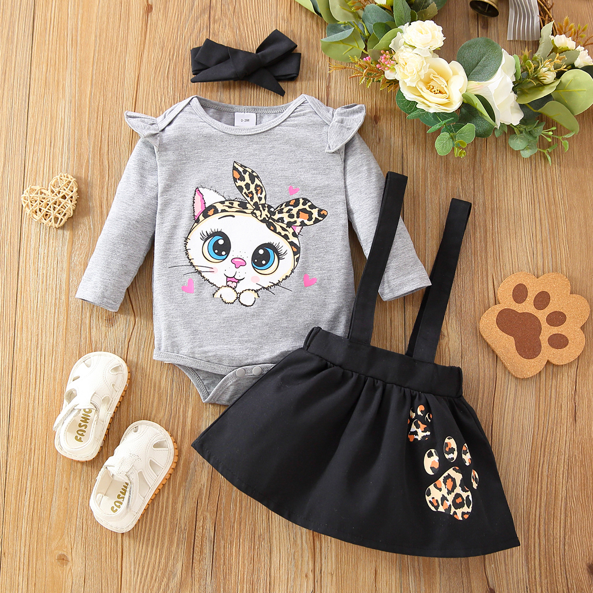 

3pcs Baby Girl Cartoon Leopard Cat Print Long-sleeve Romper and Suspender Skirt with Headband Set
